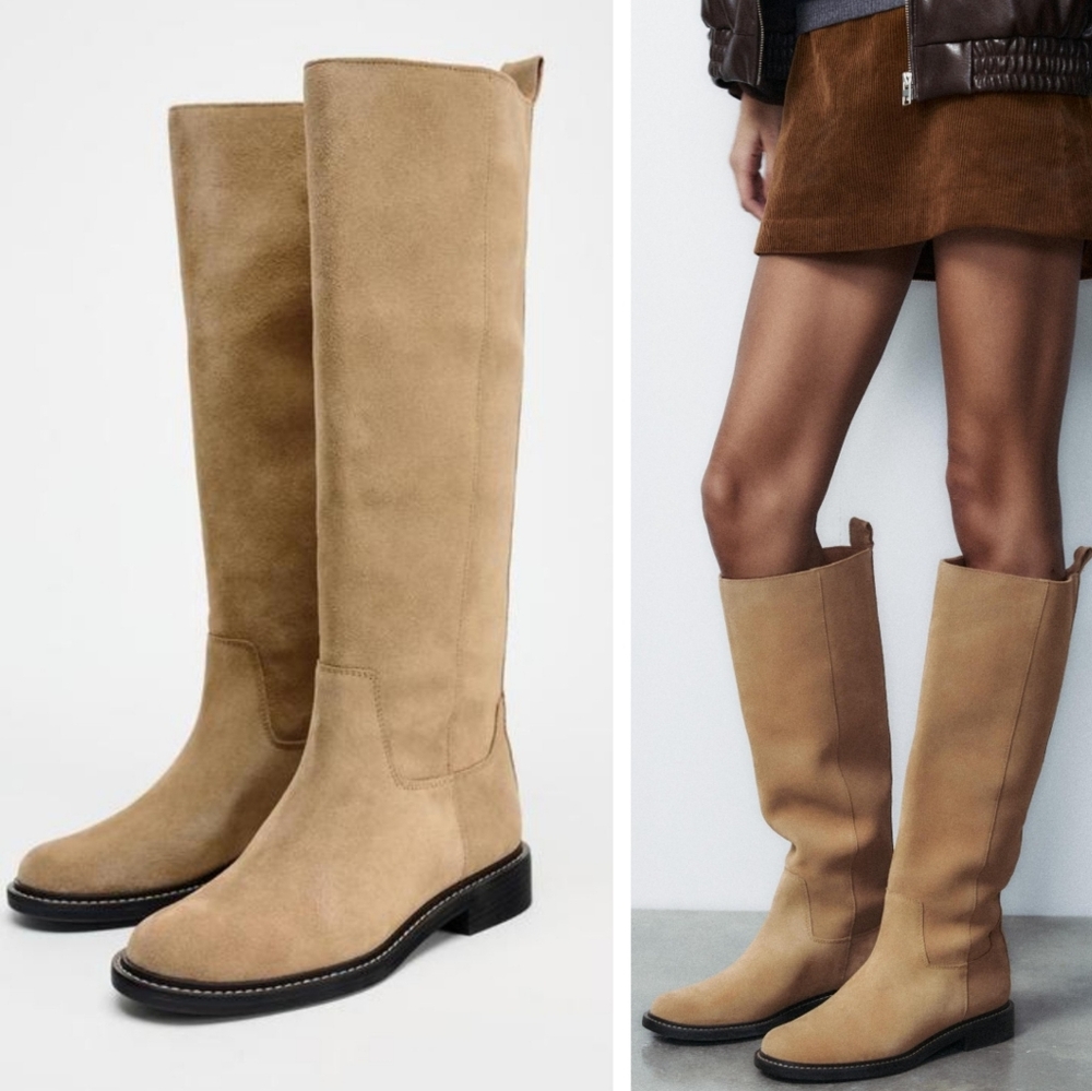 NEW Zara Flat Suede Boots with Interior Lining fleece in Dark Tan size 8